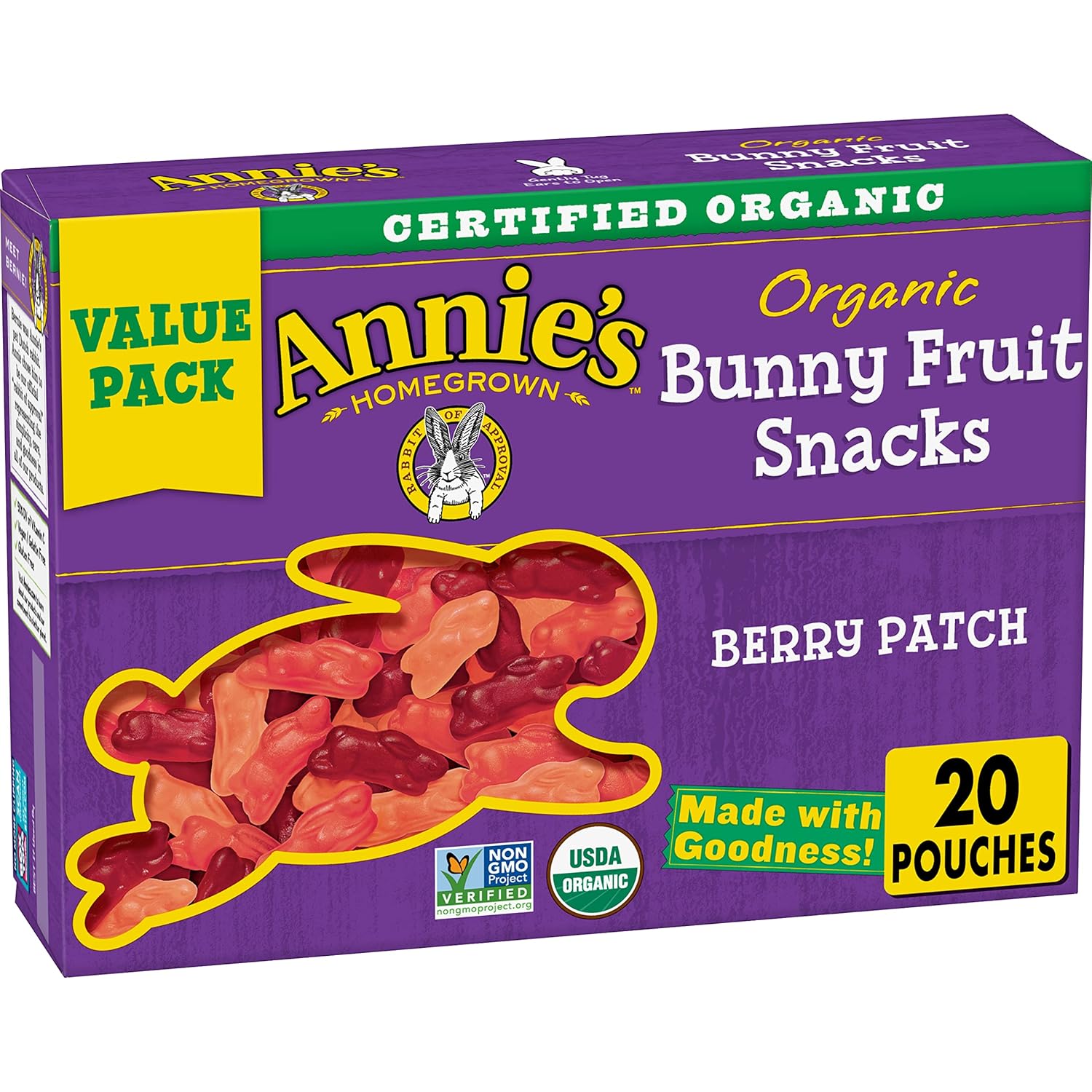 Annie'S Homegrown Organic Berry Patch Bunny Fruit Snacks, Gluten Free, 16 Oz, 20 Ct