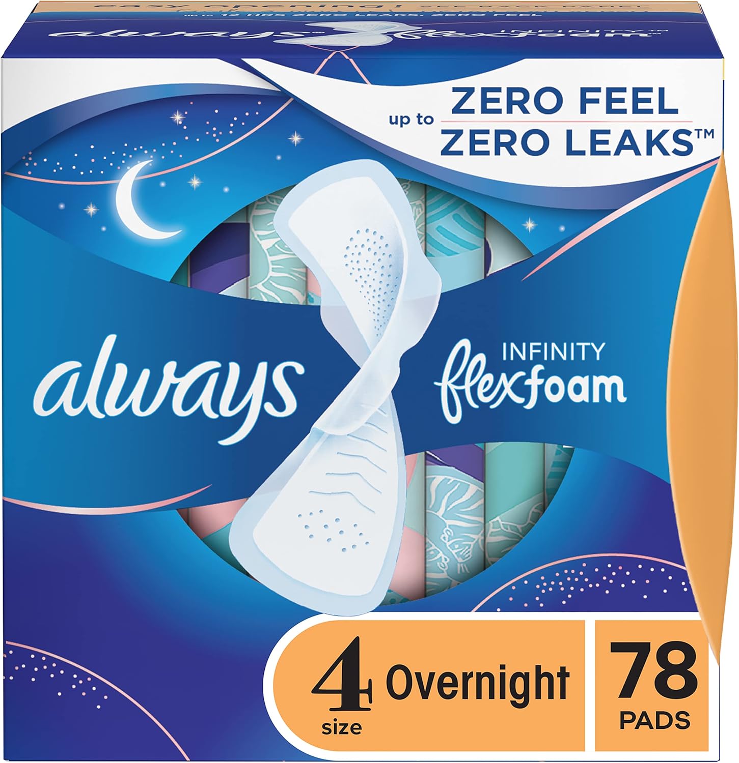 Always Infinity Feminine Pads For Women, Size 4 Overnight Absorbency, Multipack, With Flexfoam, With Wings, Unscented, 26 Count X 3 Packs (78 Count Total)