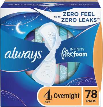 Always Infinity Feminine Pads For Women, Size 4 Overnight Absorbency, Multipack, With Flexfoam, With Wings, Unscented, 26 Count X 3 Packs (78 Count Total)