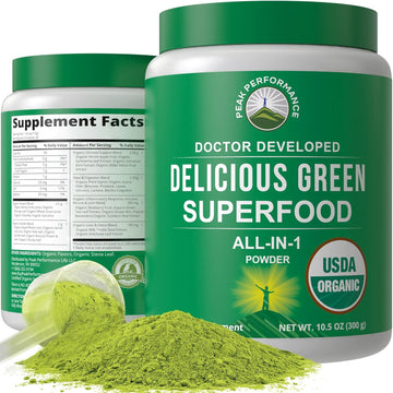 Peak Performance Organic Greens Superfood Powder. Best Tasting Super Greens Powder With 25+ Organic Ingredients For Max Energy And Athletic Performance. Vegan Keto Green Juice Daily Drink