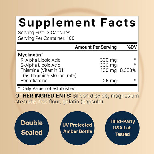 Alpha Lipoic Acid 600Mg W/ B1 Complex | 300* Capsules, 4 In 1 Myelinctin Formula, R-Ala | S-Ala | Thiamine | Benfotiamine, High Bioavailability And Potency, Third Party Tested, Non-Gmo & No Gluten