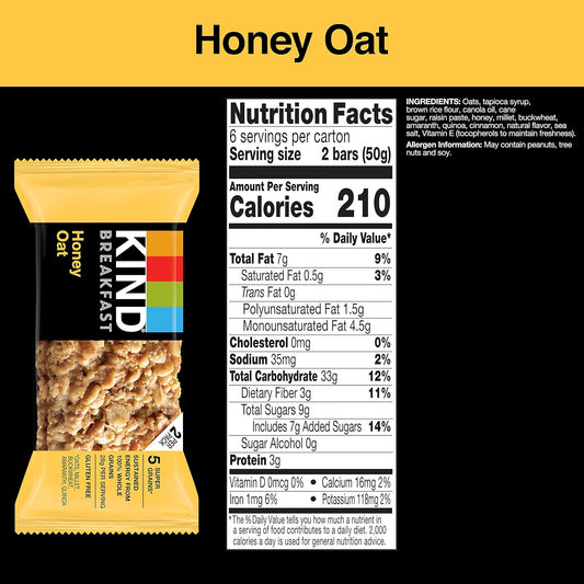 Kind Breakfast, Healthy Snack Bar, Honey Oat, Gluten Free Breakfast Bars, 100% Whole Grains, 1.76 Oz Packs (30 Count)