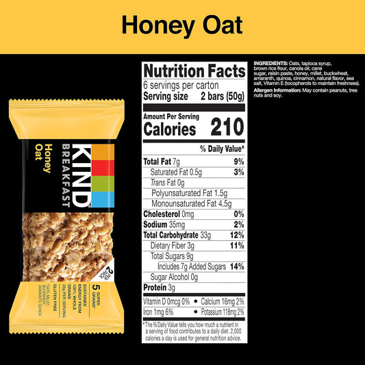 Kind Breakfast, Healthy Snack Bar, Honey Oat, Gluten Free Breakfast Bars, 100% Whole Grains, 1.76 Oz Packs (6 Count)