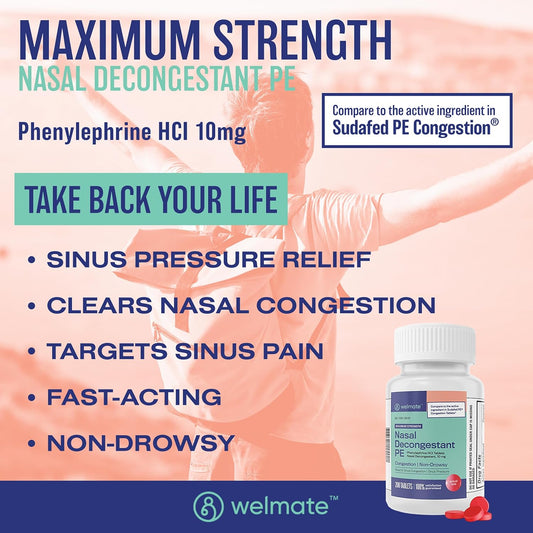 Welmate | Nasal Decongestant Pe | Phenylephrine Hcl 10 Mg | Maximum Strength | Sinus Relief | For Cold & Allergies | Non-Drowsy | Antihistamine | Pain Relief | Decongestants For Adults | 200 Tablets