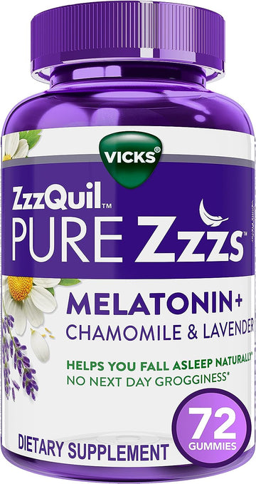 ZzzQuil PURE Zzzs Melatonin Sleep Aid Gummies, Helps You Fall Asleep Naturally, Wildberry Vanilla Flavor, Chamomile Lavender & Valerian Root, 1mg per gummy, 72 Count