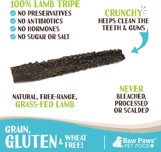 Raw Paws Green Lamb Tripe Sticks For Dogs, 25-Pack - Single Ingredient, Crunchy Green Tripe Lamb Dog Treats - Grass-Fed, Free Range Dehydrated Lamb Tripe For Dogs All Natural Dog Chews