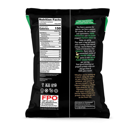 Natural Endurance Protein Chips - Low Carb Chips, High Protein Snack, Vegan Protein With Avocado Oil, 14G Protein Per Bag, Gluten Free, Original Flavor - 1.38 Oz Bags (Pack Of 12)