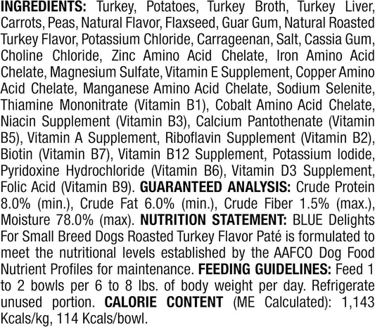 Blue Buffalo Delights Natural Adult Small Breed Wet Dog Food Cups, Pate Style, Roasted Turkey Flavor In Savory Juice 3.5-Oz (Pack Of 12)