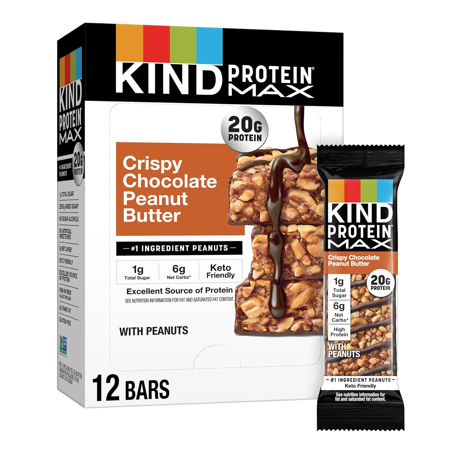 Kind Protein Max Crispy Chocolate Peanut Butter Snack Bars, 20G Of Protein, Keto Friendly, 1G Of Sugar Per Bar, Gluten Free, 12 Count Box