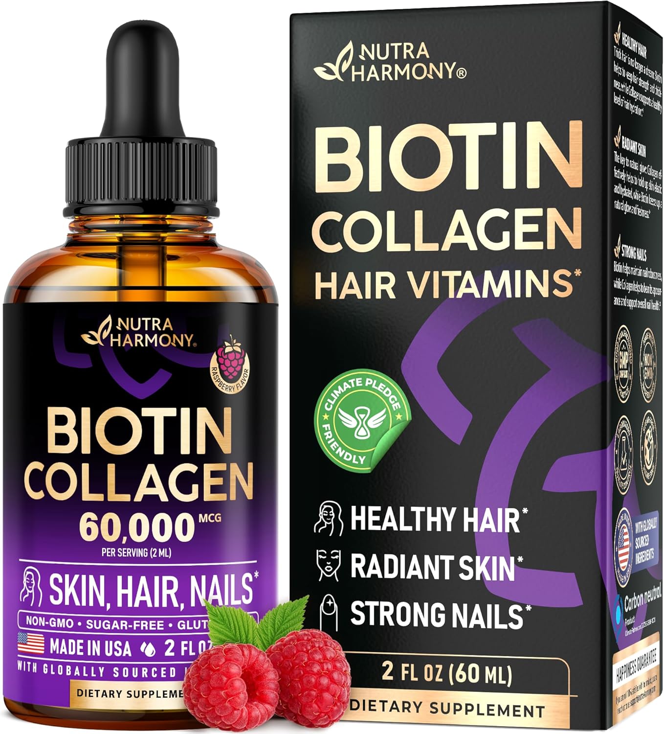 Liquid Biotin & Collagen - Vitamins For Hair Growth Support For Women & Men - Extra Strength 60000 Mcg Drops - B7 Supplement - Strong Nails & Healthy Skin - 98% Faster Absorption Than Pills