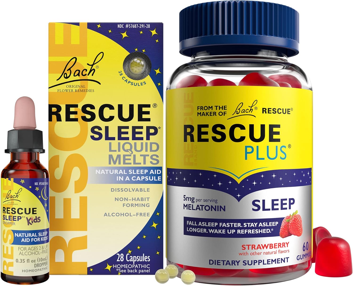 Rescue Nighttime Sleep Aid Bundle, 3Pk - Bach Sleep Kids Dropper, 10Ml Sleep Liquid Melts, 28Ct Plus Sleep Gummies With 5Mg Melatonin/Dose, 60Ct
