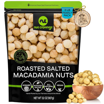 Nut Cravings - Macadamia Nuts Roasted & Salted - No Shell, Whole (32Oz - 2 Lb) Bulk Nuts Packed Fresh In Resealable Bag - Healthy Protein Food Snack, All Natural, Keto Friendly, Vegan, Kosher