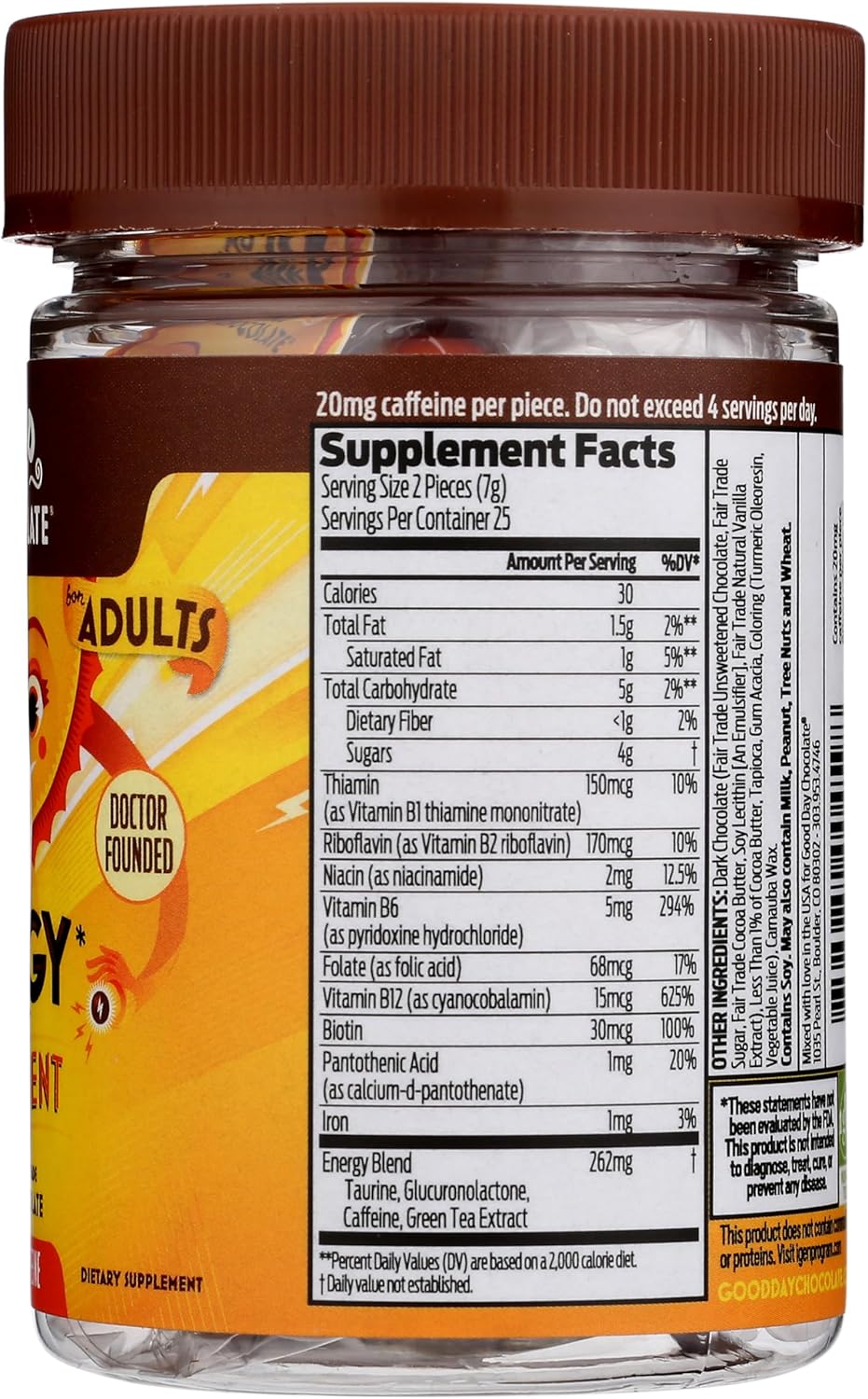 Good Day Chocolate Energy Supplements For Adults [50 Count] Fair Trade Caffeine Chocolate With B-Vitamins, Green Tea Extracts And 20 Mg Caffeine Per Piece - Energy Booster For Women And Men : Health & Household