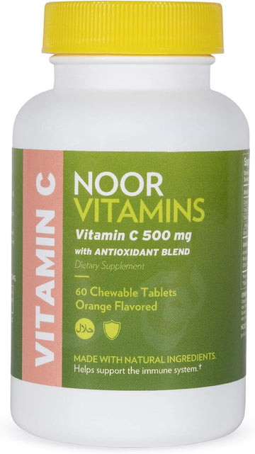 Noor Vitamins 500 MG Halal Vitamin C Chewable Tablets + Rose HIPS and Antioxidants I Supports Immune System I Vegan, Gluten Free & Halal Vitamin 60 Orange Flavored Chewable Tablets I 2 Month Supply
