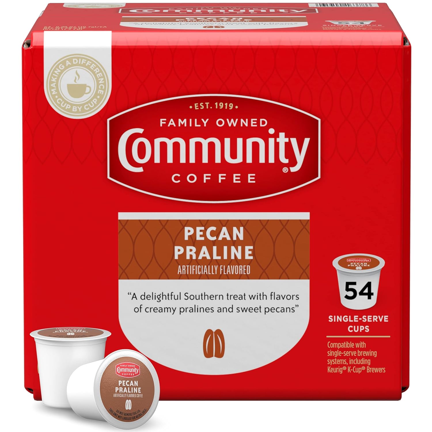 Community Coffee Pecan Praline Flavored 54 Count Coffee Pods, Medium Roast, Compatible with Keurig 2.0 K-cup Brewers, 54 Count (Pack of 1)