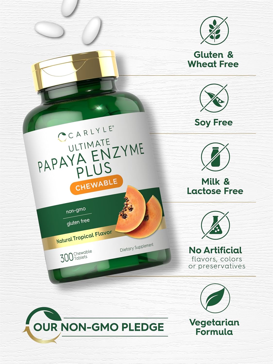 Carlyle Papaya Enzyme Chewable Tablets | Vegetarian, Non-GMO, Gluten Free Formula | Tropical Flavor : Health & Household