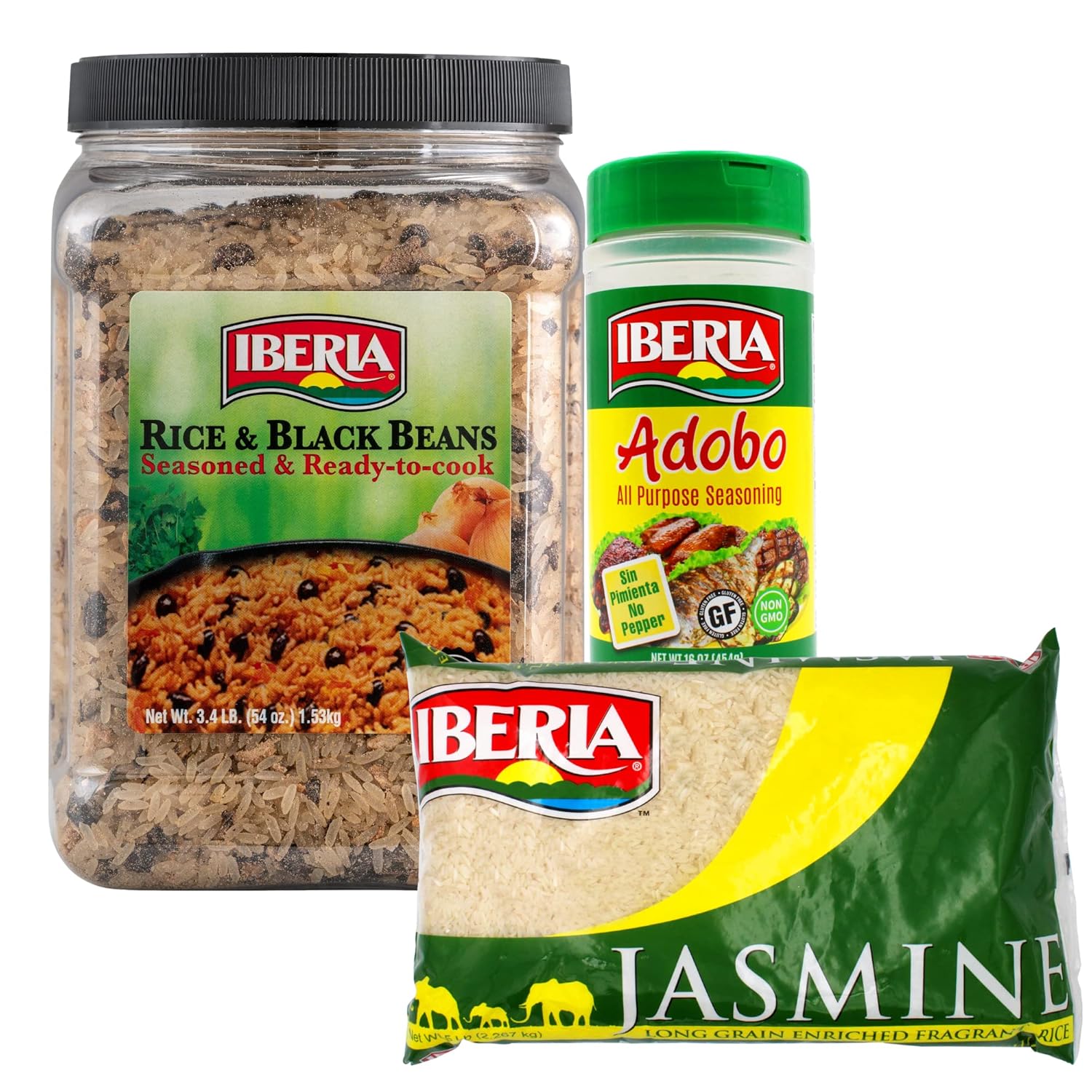 Iberia Rice And Black Beans Jar 3.4 Lb. + Iberia Jasmine Rice, 5Lb. + Iberia Adobo Without Pepper, 16 Oz