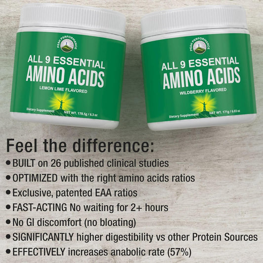 All 9 Essential Amino Acids Powder with 26 Clinical Studies. EAAs 32X Effective vs BCAA/BCAAS Branched Chain Aminos. Pre or Post Workout EAA Supplement. Perfect for Energy, Muscle Growth. Wildberry