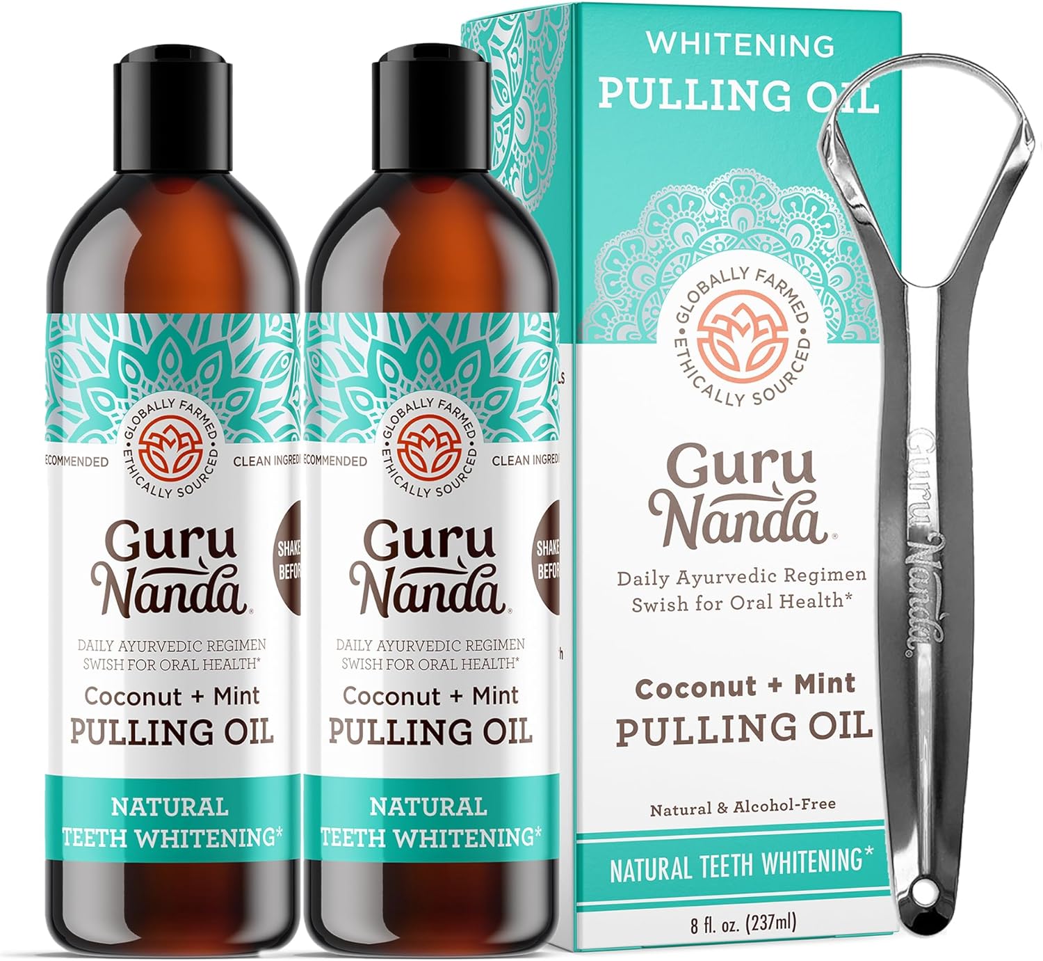 Gurunanda Whitening Pulling Oil With Coconut Oil & Peppermint Essential Oil For Oral Health, Natural Teeth Whitening, Helps With Fresh Breath, Healthy Gums, Alcohol Free Mouthwash (8 Fl.Oz. X 2)