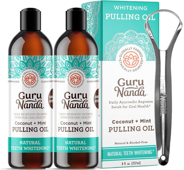 Gurunanda Whitening Pulling Oil With Coconut Oil & Peppermint Essential Oil For Oral Health, Natural Teeth Whitening, Helps With Fresh Breath, Healthy Gums, Alcohol Free Mouthwash (8 Fl.Oz. X 2)