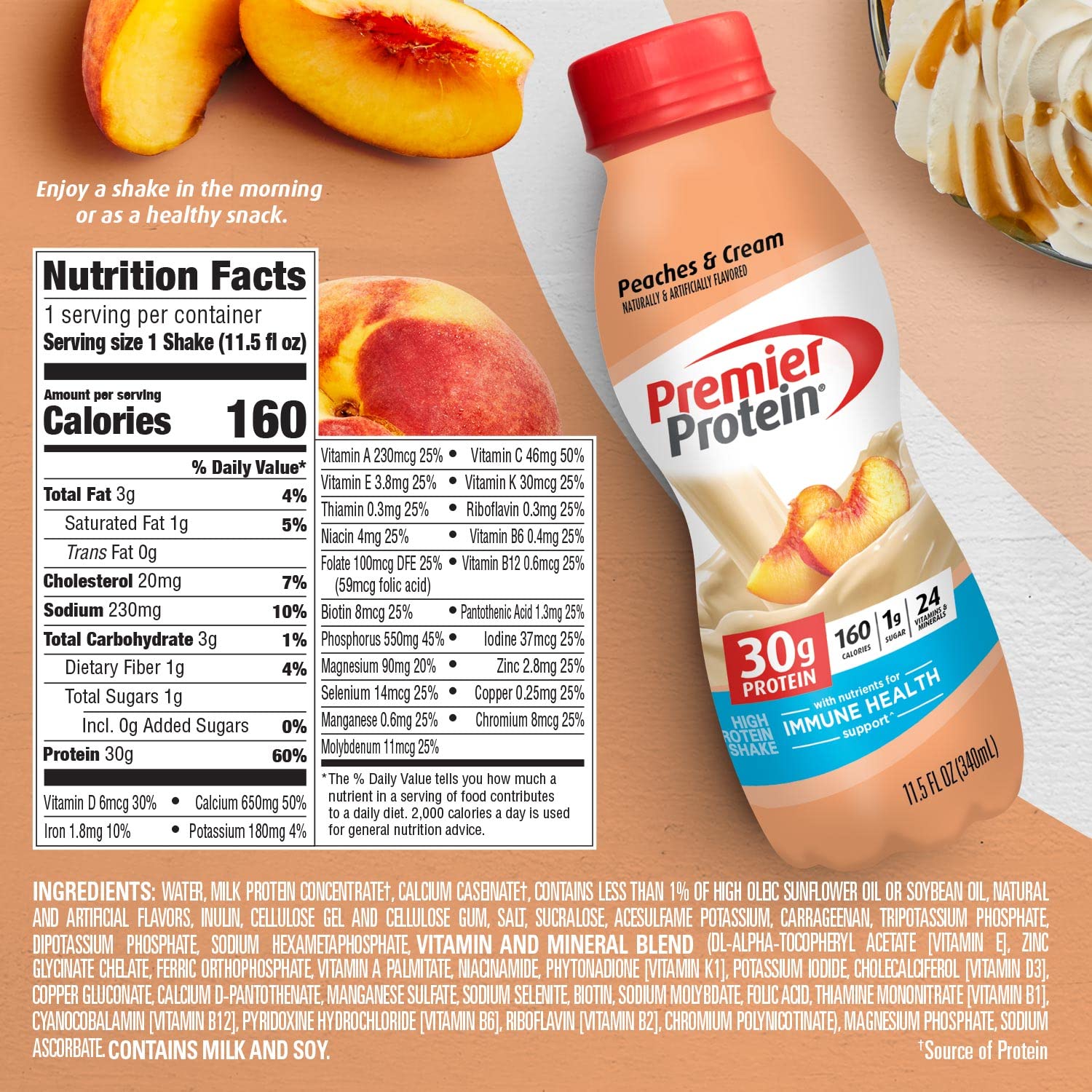 Premier Protein Shake 30G 1G Sugar 24 Vitamins Minerals Nutrients To Support Immune Health, Peaches & Cream, 11.5 Fl Oz (Pack Of 12), Total 138 Fl Oz