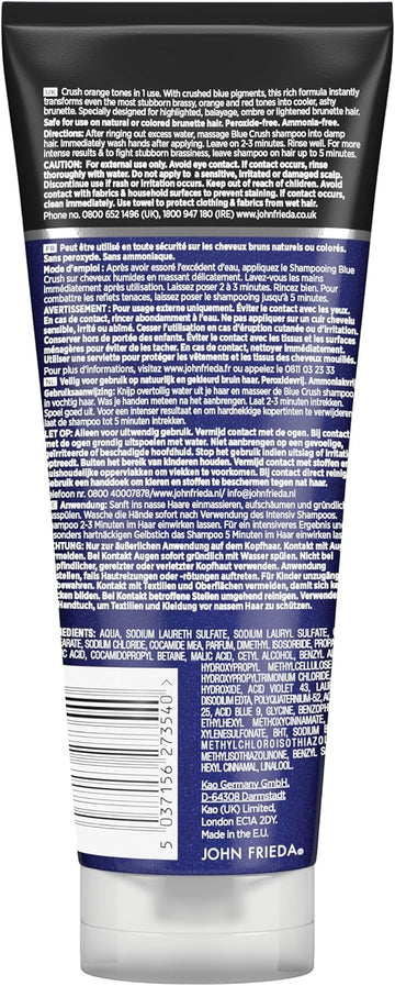 John Frieda Blue Crush Intensive Blue Shampoo 250 Ml, Toning Shampoo For Brown Hair, Anti-Brass Shampoo For Brunettes With Crushed Blue Pigments