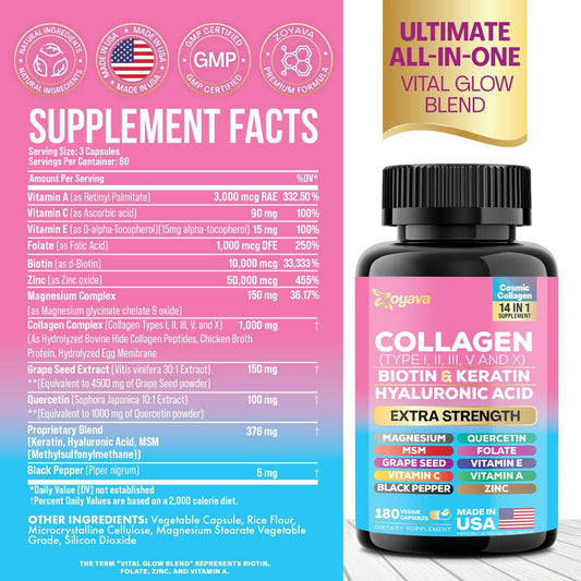 Collagen Pills Peptides Types I, II, III, V & X Biotin Keratin Hyaluronic Acid MSM Vitamin A Vitamin C Vitamin E Folic Acid Zinc Magnesium with Grape Seed Extract, Quercetin (270 Caps)