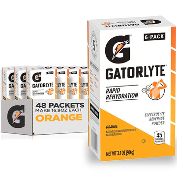 Gatorlyte Rapid Rehydration Electrolyte Beverage, Orange, Lower Sugar, Specialized Blend of 5 Electrolytes, No Artificial Sweeteners or Flavors, Scientifically Formulated for Rapid Rehydration, 48 pack. 1 pack mixes with 16.9oz (500ml) water.?