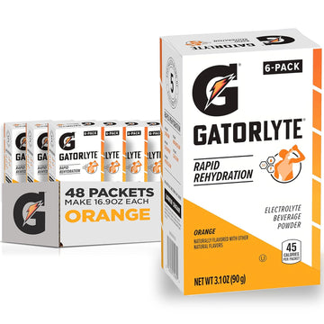 Gatorlyte Rapid Rehydration Electrolyte Beverage, Orange, Lower Sugar, Specialized Blend Of 5 Electrolytes, No Artificial Sweeteners Or Flavors, Scientifically Formulated For Rapid Rehydration, 48 Pack. 1 Pack Mixes With 16.9Oz (500Ml) Water.