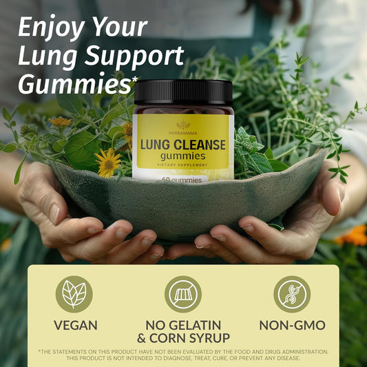 Herbamama Lung Detox Gummies - Herbal Complex With Mushroom Blend For Lung Cleanse - Vegan, Non-Gmo Respiratory Support Supplement - 60 Pectin-Based Apple-Flavored Chews
