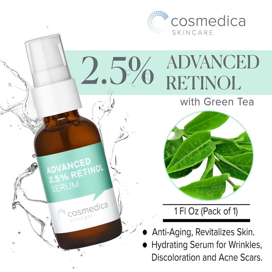 Cosmedica Skincare'S Advanced 2.5% Retinol Serum W/Green Tea, Hyaluronic Acid & Vit E - Anti-Aging, Skin Revitalizing, Hydrating Serum For Fine Lines, Wrinkles, Discoloration, And Acne Scars, 1Oz