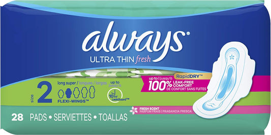 Always Ultra Thin Pads Size 2 Super Long Absorbency Scented with Wings, 28 count (pack of 2), Packaging may vary