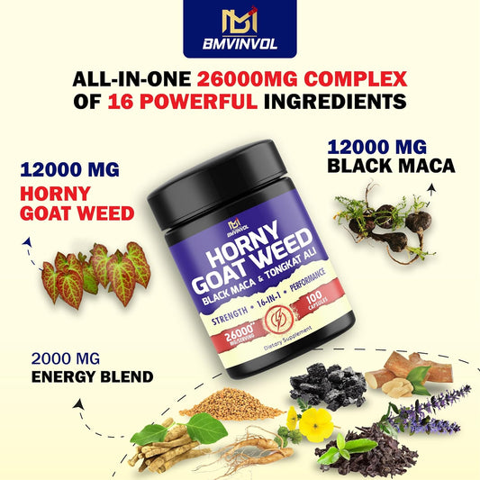 BMVINVOL 100 Capsules - Horny Goat Weed Supplement 26000mg with Black Maca, Tongkat Ali, Panax Ginseng, Ashwagandha & More - 16in1 Horny Goat Weed Capsules for Supports Performance and Energy Levels