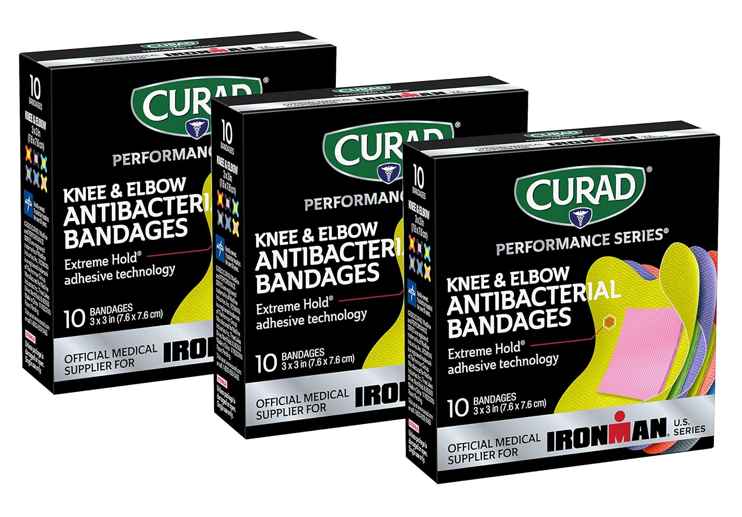 Curad Performance Series Ironman Antibacterial Bandages, Extreme Hold Adhesive Technology, Knee & Elbow 3 Inches X 3 Inches, 10 Count, Ideal For Cuts, Scrapes, Sports, And Active Lifestyles