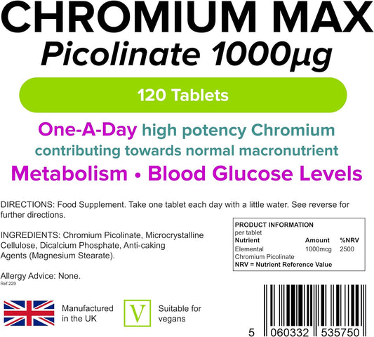 Lindens Chromium Max 1000mcg Picolinate - 120 Tablets | Detox, Metabolism, Blood Glucose, | Mega Potency (2500% NRV) | 4 Months Supply, UK Manufacturer, Letterbox Friendly, Vegan