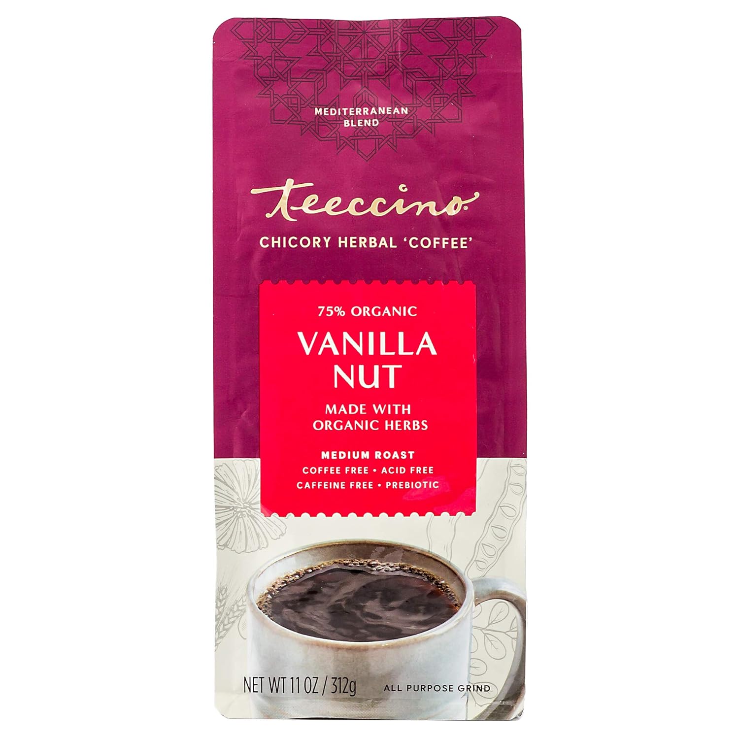 Teeccino Vanilla Nut Chicory Coffee Alternative - Ground Herbal Coffee That’S Prebiotic, Caffeine Free & Acid Free, Medium Roast, 11 Ounce