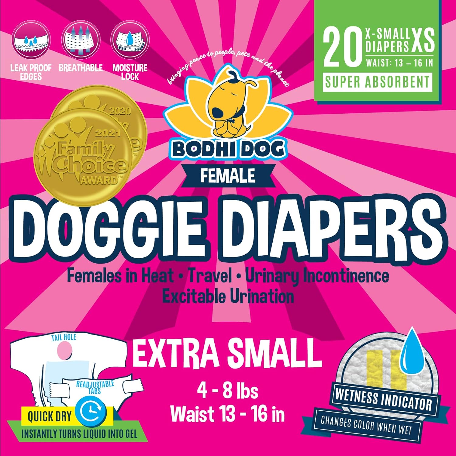 Bodhi Dog Disposable Female Dog Diapers | Super Absorbent Leak-Proof Fit | Premium Adjustable Dog Diapers With Moisture Control & Wetness Indicator | 20 Count Extra Small Size