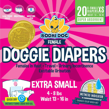 Bodhi Dog Disposable Female Dog Diapers | Super Absorbent Leak-Proof Fit | Premium Adjustable Dog Diapers With Moisture Control & Wetness Indicator | 20 Count Extra Small Size