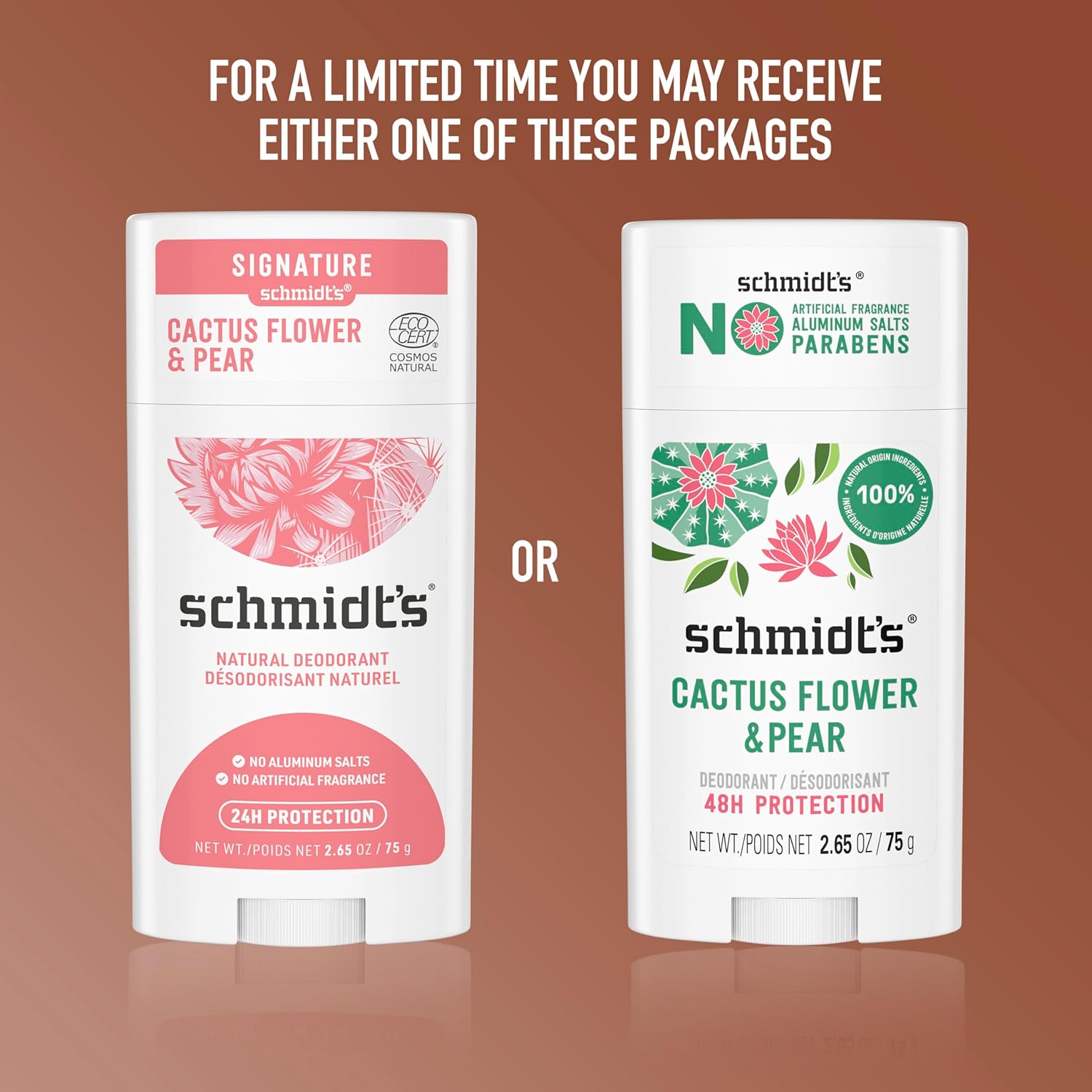 Schmidt's Aluminum-Free Vegan Deodorant Cactus Flower & Pear with 24-Hour Odor Protection, 2 Count for Women and Men, Natural Ingredients, Cruelty-Free, 2.65 oz : Beauty & Personal Care