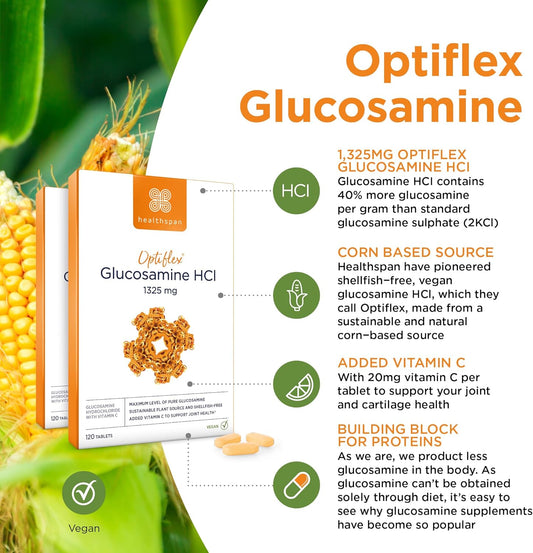 Healthspan Optiflex Glucosamine Hci 1,325Mg With Vitamin C | Shellfish Free Vegan Tablets For Joint Health | 40% More Glucosamine Than Glucosamine Sulphate | Added Vitamin C (120 Tablets)