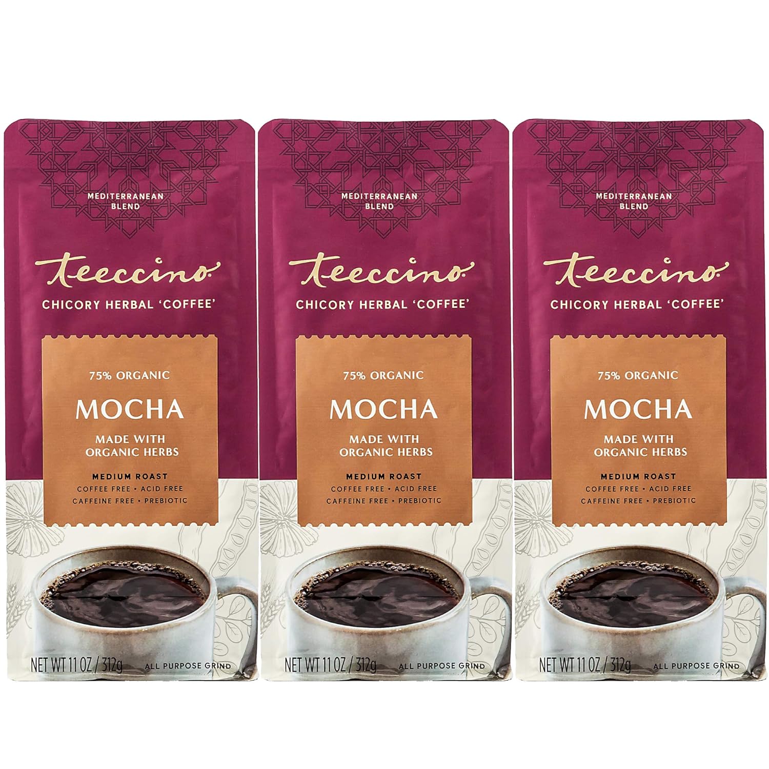 Teeccino Mocha Chicory Coffee Alternative - Ground Herbal Coffee That’S Prebiotic, Caffeine-Free & Acid Free, Medium Roast, 11 Ounce (Pack Of 3)