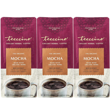 Teeccino Mocha Chicory Coffee Alternative - Ground Herbal Coffee That’S Prebiotic, Caffeine-Free & Acid Free, Medium Roast, 11 Ounce (Pack Of 3)