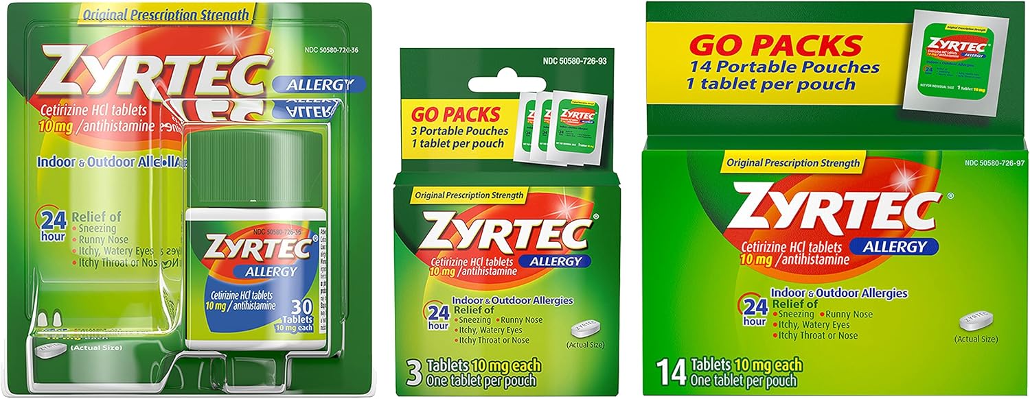 Zyrtec 24 Hour Allergy Relief Tablets, Indoor & Outdoor Allergy Medicine With 10 Mg Cetirizine Hcl Per Antihistamine Tablet, 47Ct Bundle Pack (1 X 30Ct, 14Ct And 3X1Ct)