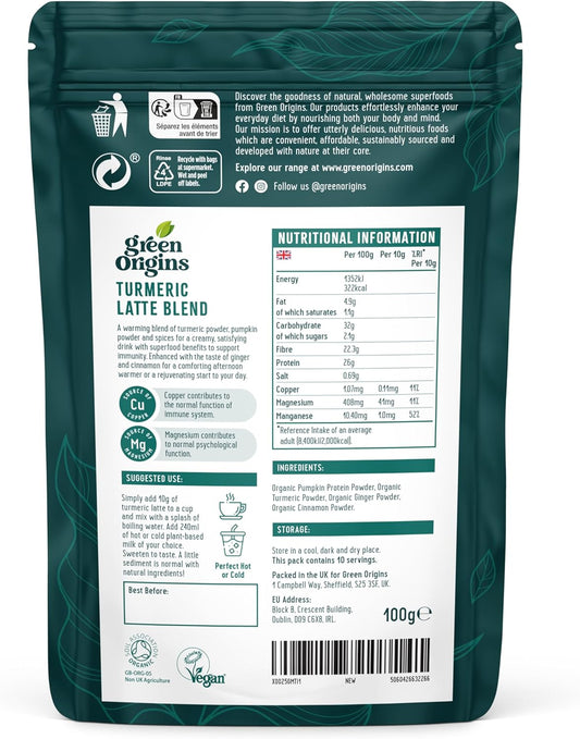 Green Origins Organic Super Turmeric Latte Blend With Ginger & Cinnamon For Natural Immunity & Mental Focus | Golden Milk Spice | 10 Servings, 100G | Vegan, Diary Free, Gluten Free, No Added Sugar
