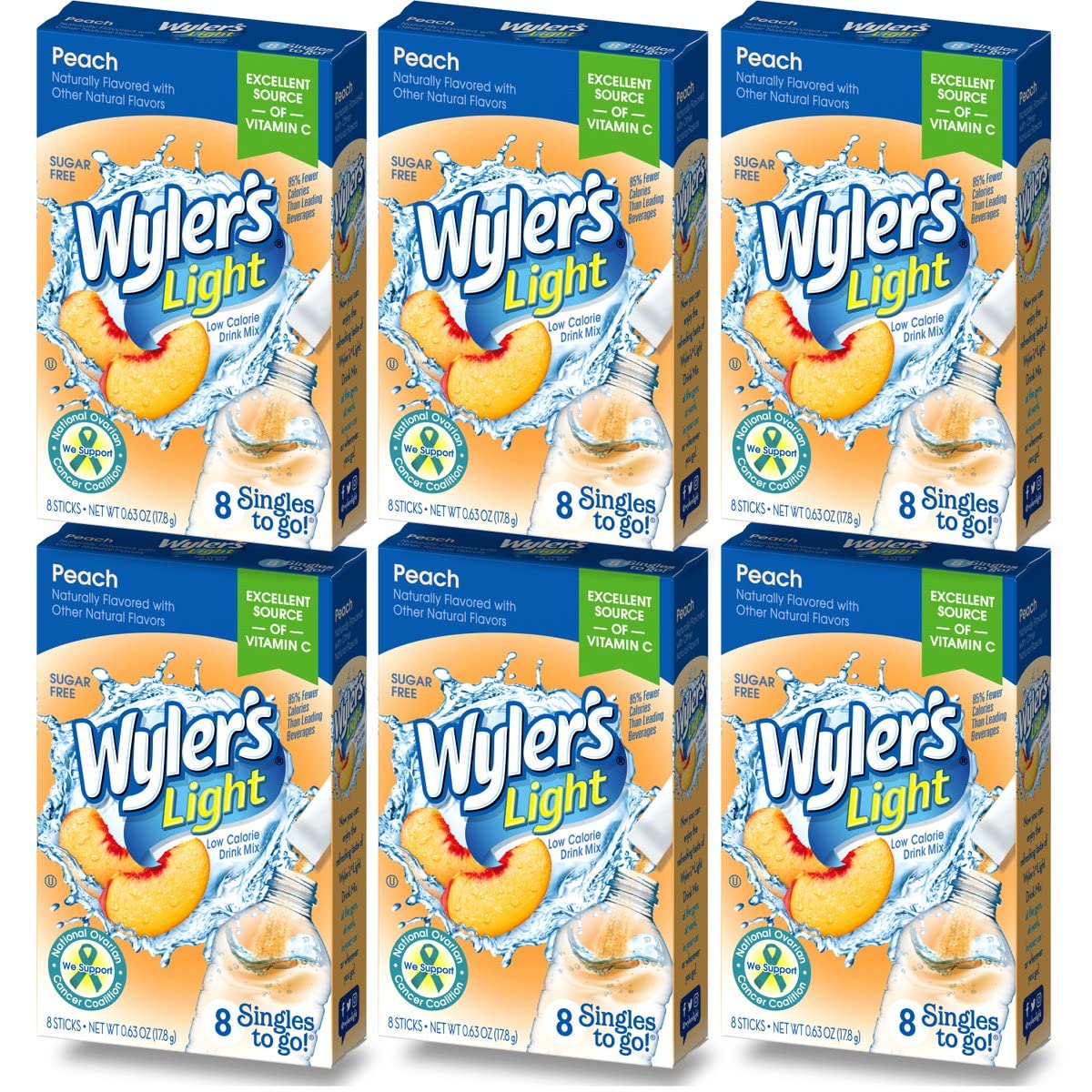 Wyler'S Light Singles To Go Drink Mix, Peach, 6 Pack (48 Drink Sticks Total)