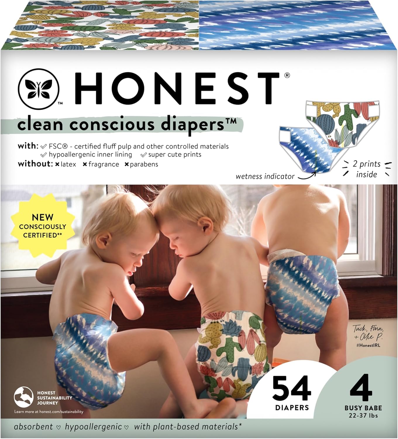 The Honest Company Clean Conscious Diapers | Plant-Based, Sustainable | Tie-Dye For + Cactus Cuties | Club Box, Size 4 (22-37 Lbs), 54 Count