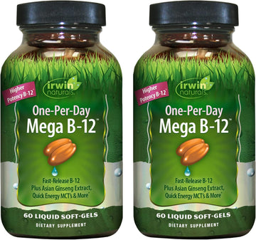 Irwin Naturals One-Per-Day Mega B-12 1,500Mcg High Potency Methylcobalamin Vitamin - Fast Enhanced Absorption With Mct + Asian Ginseng - Natural Energy Boost - 60 Liquid Softgels (Pack Of 2)