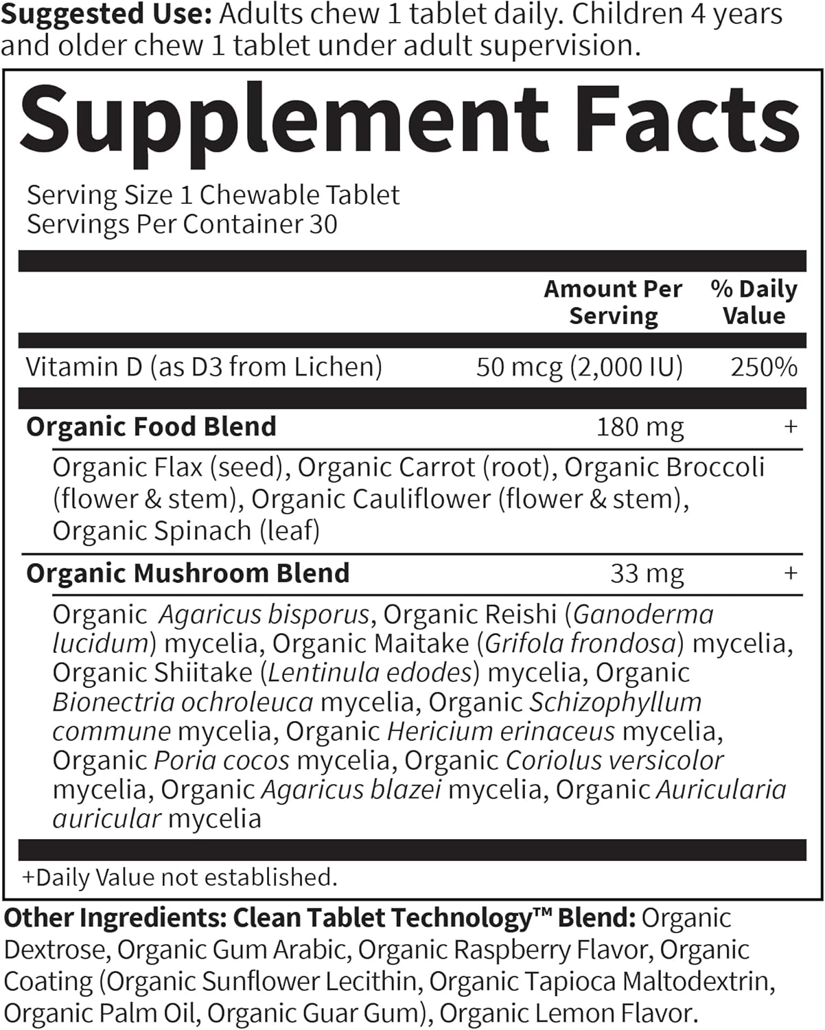 Garden Of Life Organics Vegan Vitamin D3 Chewable - Raspberry Lemon, 2,000 Iu (50Mcg) Whole Food Vitamin D3 From Lichen Plus Food & Mushroom Blend, Gluten Free, 30 Chewable Tablets