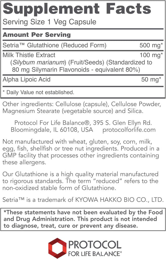 Protocol Glutathione 500mg Immune Support* - with Milk Thistle Extract & Alpha Lipoic Acid - Reduced Glutathione - Made Without Gluten, Dairy-Free, Halal, Kosher - 60 Veg Caps