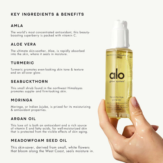Alo Head-To-Toe Glow Oil + Travel | Glow-Boosting Natural Dry Body Oil | Jojoba, Amla, Aloe & Vitamin E | Hydrates & Nourishes Skin | Citrus Scent | 3.2 + 0.7 Oz